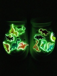 12入組荧光恐龍卡通pvc鞋子魅力裝飾鏈扣,適用於拖鞋