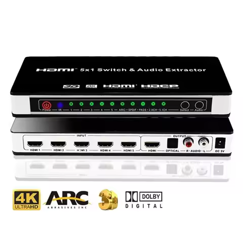 5 Port HDMI Switch with Audio Extractor 4K HDMI Video Audio Switcher 5 in 1 out with Optical SPDIF +