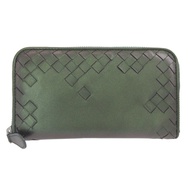 近全新 Bottega Veneta 114076 Intrecciato 金屬綠圓形拉鍊長款皮夾 0292 [二手] BOTTEGA VENETA