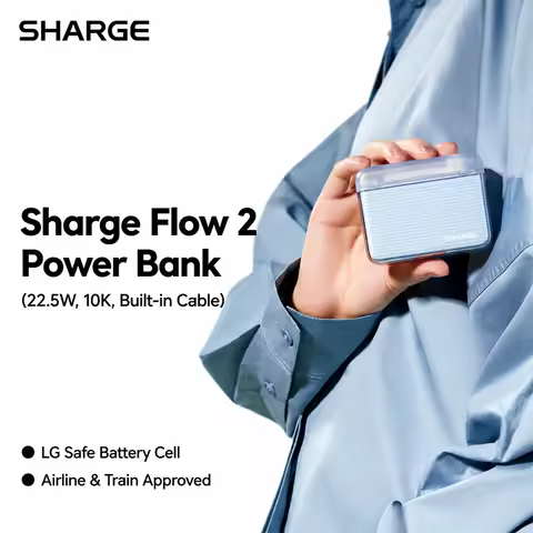 SHARGE 10000mAh Pocket-Sized Power Bank Fast Charging Built-in Cable Portable Charger External Batte