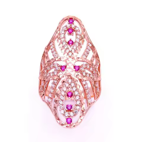 585 Purple Gold 14K Rose Gold Wide Version Oval Ruby White CrystalOpenwork Design Luxury Engagement 