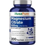 NOSU Pure Magnesium Citrate833mg - 200Vegetarian Capsules（Vegetarian、Non-Transgene、Pure Element）