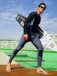 Manfinity Swimmode 男式幾何圖案印花長袖連身泳衣,設有縫肩袖,適用於沙灘、衝浪和夏季假期