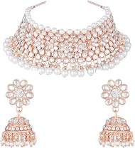 Indian Traditional Wedding Wear Kundan Pearl Choker Necklace & Jhumki Earrings Ethnic Bollywood Bhar