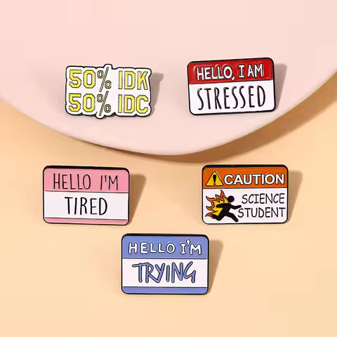 hello I am trying attention cation slogon metal design Badges Brooch Enamel Pins label Bag Backpack 