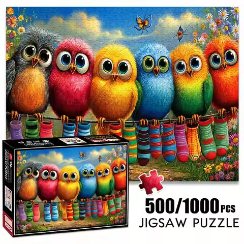 1000pcs Adult Jigsaw Puzzle, 27.56x19.69inch Large Size, Cartoon Style Bird with Rainbow Socks, 500p