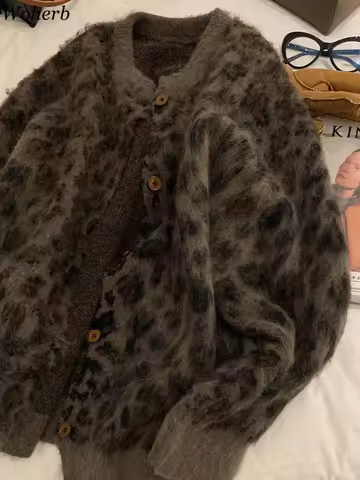 Korean Women Leopard Print Cardigan Jackets Winter Clothing Hip-hop Sueter Mujer Thicked Casual Fash