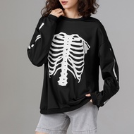เสื้อสวมหัวลายโครงกระดูกแขนยาวพิมพ์คอกลมฮาโลวีนสำหรับผู้หญิงลายสวรรค์เสื้อลำลองฤดูใบไม้ร่วงและฤดูหนา