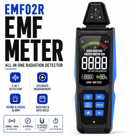 5-in-1 EMF Meter 30Hz-8GHz – RF/Magnetic/ELF Tester with VA Color Display, Sound/Light Alarm, Temp/H