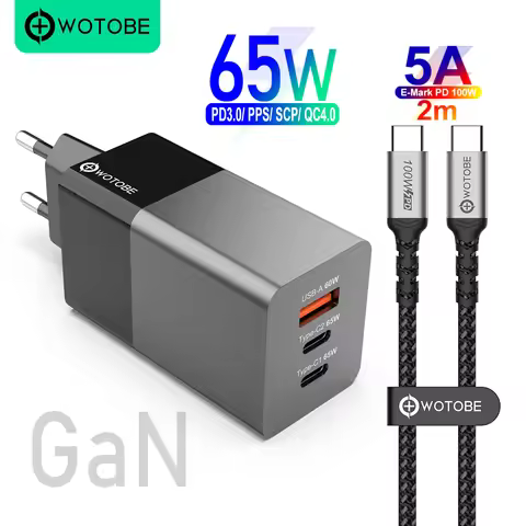 WOTOBE 3port 65W GaN USB C PD Wall Charge 65W/45W/20W PD3.0/QC/PPS/SCP For USB-C Laptops MacBook iPh