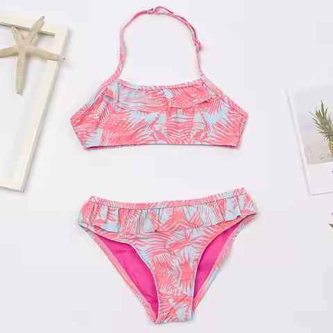 Leaf Print Ruffle Child Kids Girls Swimwear Summer Surf Outdoor Halter Teen Kids 2-pieces Swimsuit F