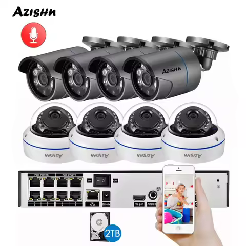 AZISHN H.265 8CH 3MP POE NVR Kit Audio Sound CCTV System 3.0MP Dome Security IP Camera P2P Indoor Ou