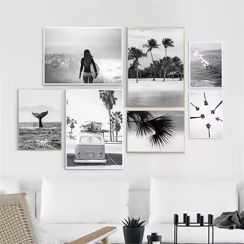 Black White Landscape Posters Surf Girl Coconut Tree Canvas Painting Sea Whale Art Prints Nordic Wal