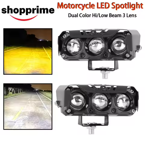 Motorcycle LED Dual Color Spotlight 3 Lens Super Bright 12V Fog Lamps Driving Light Motorbike Work l