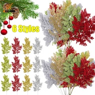 [Xmas Favorite] Glitter Gold Green Artificial Pine Fake Plant Leaves Xmas Tree Hanging Ornament Home Garden New Year Party Decorations