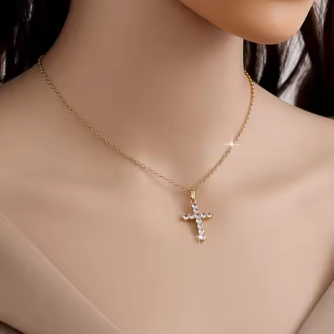 Classic Minimalist Cross Necklace, Shiny Clear Crystal Cross Pendant Gold Plated Thin Chain Necklace