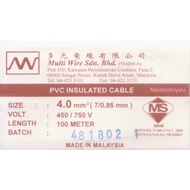 MULTI PVC Insulated Cable 4mm / 6mm 100% Copper JKR SIRIM - ROLL
