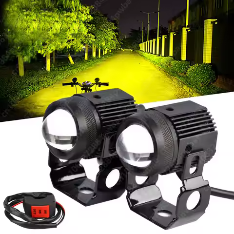 LED Motorcycle Headlamp Car Headlight Bulbs Auto Spotlights Lamp Projector Lens Dual Color Spot Fog 