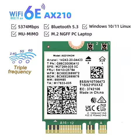 WiFi 6E AX210 Bluetooth 5.3 M.2 Wireless Card For Intel AX210NGW 2.4Ghz 5Ghz 6Ghz 5374Mbps 802.11ax 