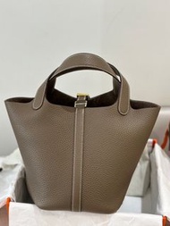 全新真品 HERMES 愛馬仕 PICOTIN 18 LOCK 菜籃子 大象灰金釦 TC皮 荔枝紋牛皮 W刻印