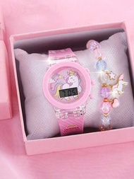 可愛女孩彩虹馬主題模擬數位手錶,卡通電子手錶兒童粉紅套裝