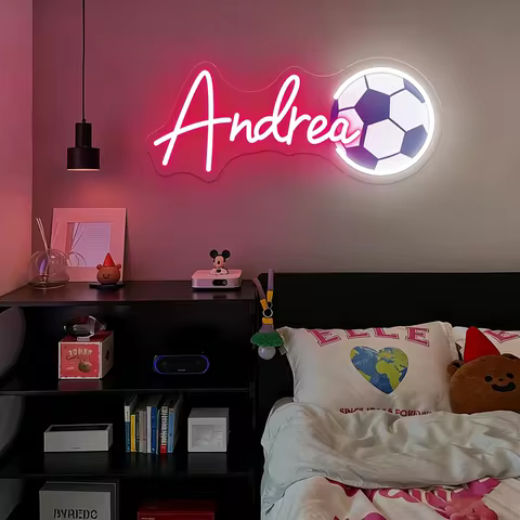 Custom Soccer Name Neon Sign, Football UV Printing LED Name Sign, Boy's Bedroom Nursery Wall Decor, 