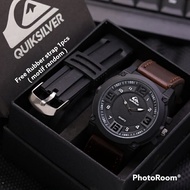 (BISA COD) Best Seller!! Jam Tangan Pria QUIKSILVER PAKET Strap Kulit Free 1 Tali Karet || JAM TANGA