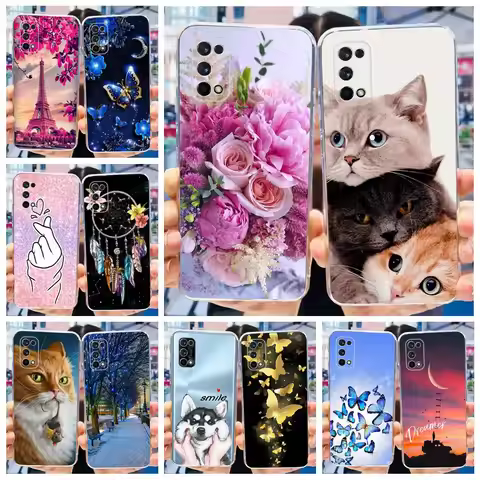 For Realme 7 Pro Case RMX2170 Cute Cat Flowers Painted Cover Clear Silicone Soft TPU Phone Case For 