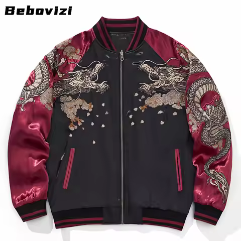 Men's Red Baseball Jacket - Japanese Style Dragon Embroidery Souvenir Yokosuka Bomber Coat Autumn Fa