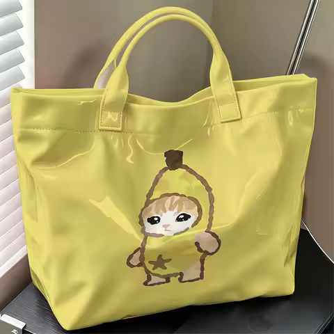 Banana Cat Cutie Cute Large Glossy PVC Tote Bag Hand Washable Lightweight Soft Great for Travel Comm
