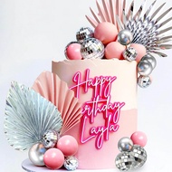 Pink Sliver Disco Balls Cake Decoration Silver Palm Leaves Cake Decoration Stars Cake Decoration 70s