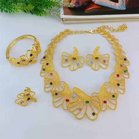 EMMA Dubai Gold Plated Jewelry Set Luxury Coloful Stone Necklace Elegant Bracelet Earrings Wedding J