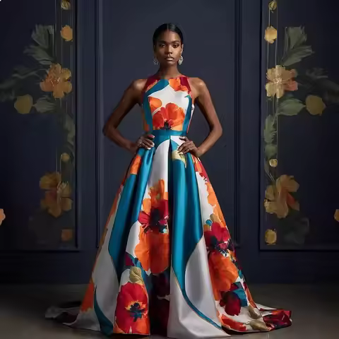 Sleeveless Floral Evening Dress Satin Bodycon Midi Dress with Zipper Summer Party Gown