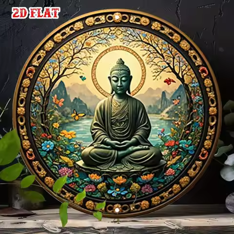 Vintage Metal Sign Buddha Statue with Golden Halo Round Poster for Cafe Beach House Backyard Wall De