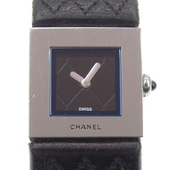 二手 CHANEL Matelasse 手錶 H0116，不鏽鋼和皮革，黑色石英機芯，模擬顯示，黑色錶盤，女士款