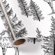 LeZakaa Christmas Wrapping Paper Roll - Reindeer and Snowy Pine Trees in Black & White Xmas Design f