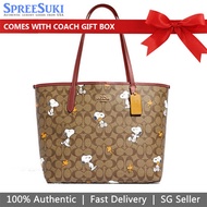 Coach Handbag In Gift Box Coach X Peanuts City Tote In Signature Canvas With Snoopy Khaki # CF166