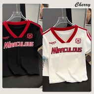 【READY STOCK】 CherryShop⭐V-neck casual short-sleeved T-shirt women's short top with letter print