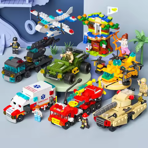 6 in 1 Mega City Building Set - Police Car, Fire Truck, Crane, Tank, Helicopter & More, Construction