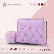 Sakurafashion Wallet For Woman High-End Patent Leather Fabric Hairball Pendant Trifold DX-E024