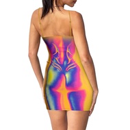 Women Sexy Bodycon Mini Dress Spaghetti Strap 3D Body Print Short Dresses Party Club Outfits