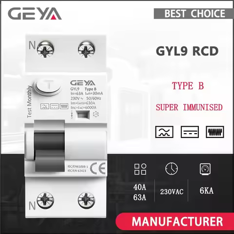 GEYA GYL9 Magnetic B Type RCCB Residual Current Circuit breaker DC ELCB 2P 4P 40A 63A 30mA 100mA 300