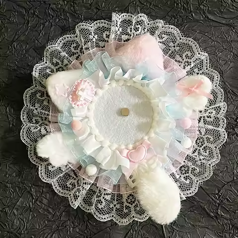 5 Colorful Lolita-Style Cute Round Plush Lace Badge Holders, Baby Handmade DIY Finished Products, An