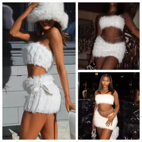 Y2K Coquette Cute Fluffy Knit Sweater Dress White Outfits The Plush Two-piece Suits Women Tube Top a