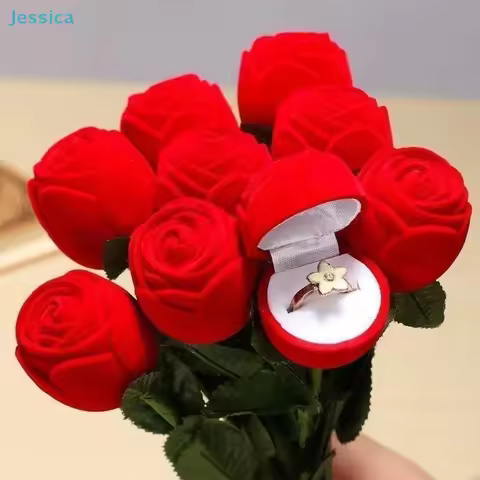 〔Jessica〕Red Rose Ring Box - Romantic Velvet Flower Jewelry Case for Proposal, Engagement & Valentin