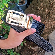 เข็มขัดหนังจระเข้ สีดำ ถักขอบตลอดเส้น หัวออโต้ Auto สีทอง 18K