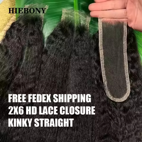 HiEbony Hair Kinky Straight 2x6 HD Lace Closure Only Melt Skin HD Lace Closure Human Hair 2x6 HD Lac