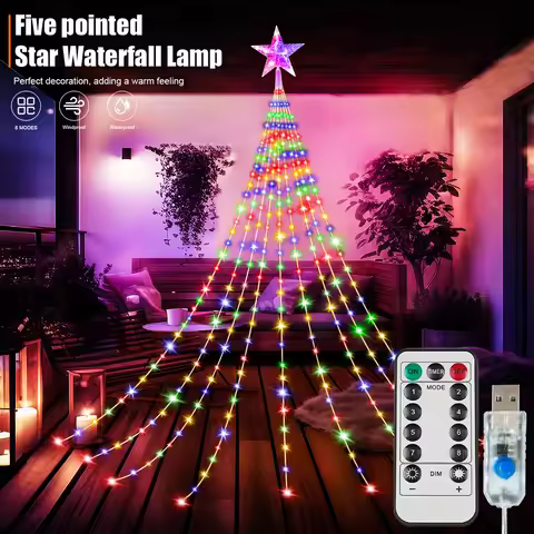 9.8Ft Waterfall String Lights With Star Topper, 8Modes Indoor Outdoor Fairy Lights For Yard Party Ho