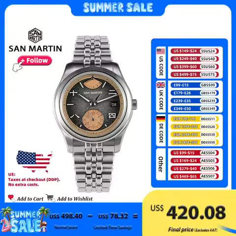 San Martin New 39mm Men Watch Miyota 9132 Power Reserve Display Original Design Mechanical Watches W