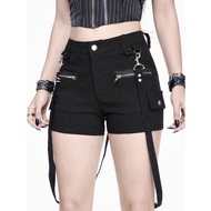 GANTUNGAN Shadow Women's Streetwear Punk Cargo Shorts – High Waist Black Pants with Zipper & Metal H